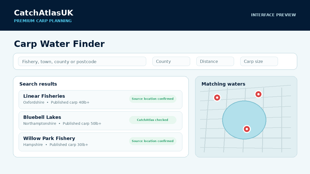 Preview of the CatchAtlasUK Carp Water Finder showing venue results and mapped waters