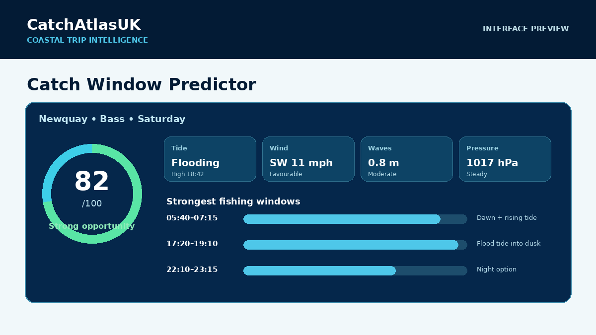 Preview of the CatchAtlasUK Catch Window Predictor with opportunity score and ranked fishing times