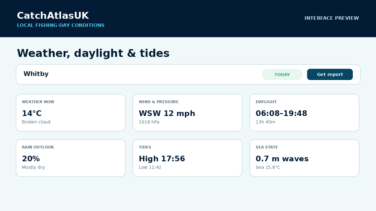 Preview of CatchAtlasUK local fishing conditions showing weather, wind, pressure, daylight, tides and sea state
