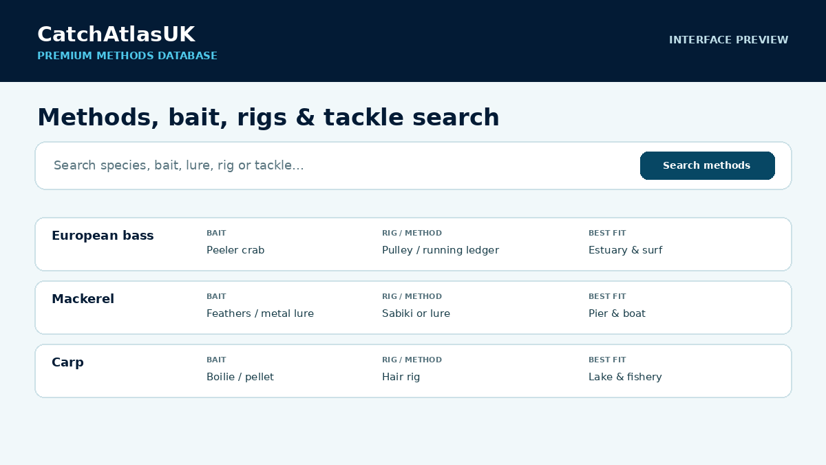 Preview of CatchAtlasUK methods database showing species, bait, rigs and approaches