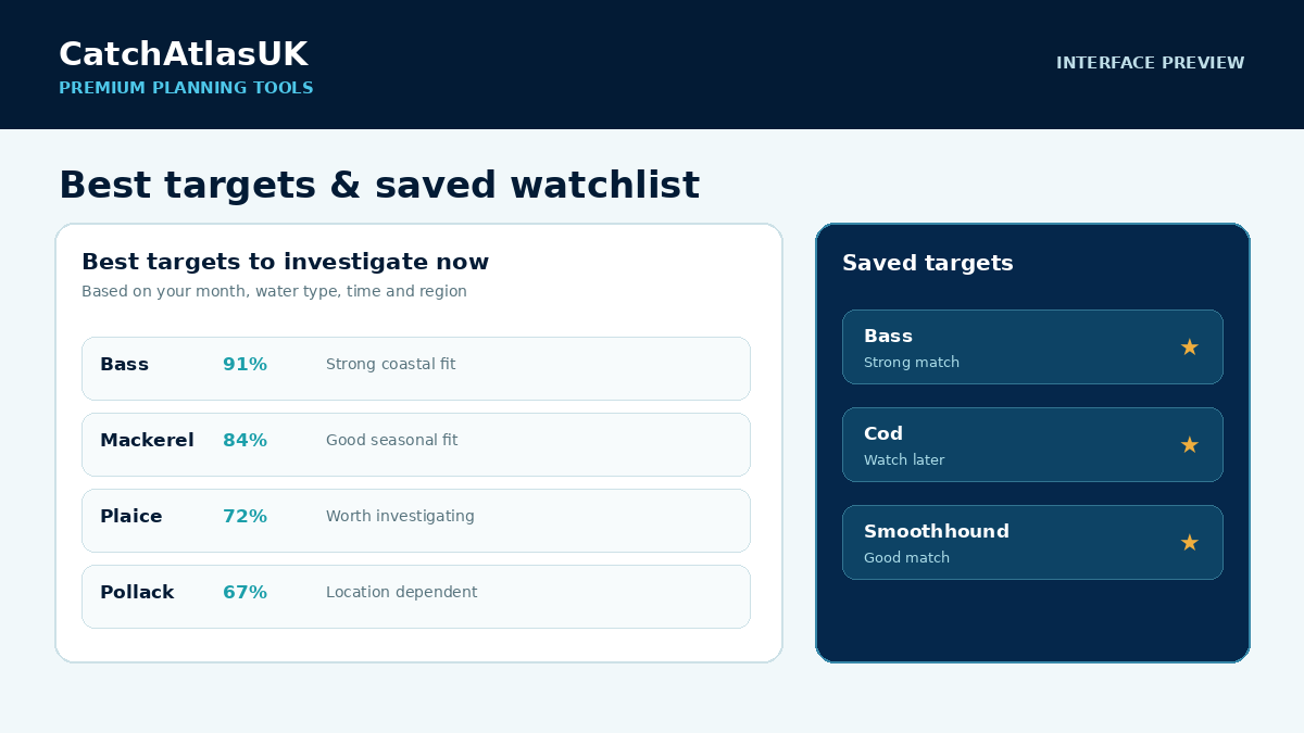Preview of CatchAtlasUK best targets and saved target watchlist